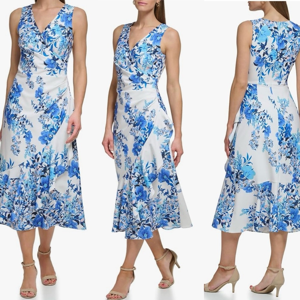 Eliza J Sleeveless V-Neck Midi Dress Womens 4 White Blue Floral Vacation NEW